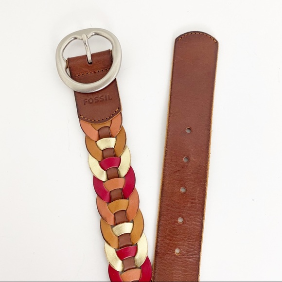Fossil Leather Links Brown Multi Color Belt M - Picture 2 of 8
